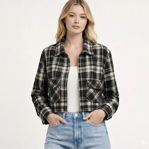 Lucky Brand Women's Black and Cream Plaid Utility Jacket
